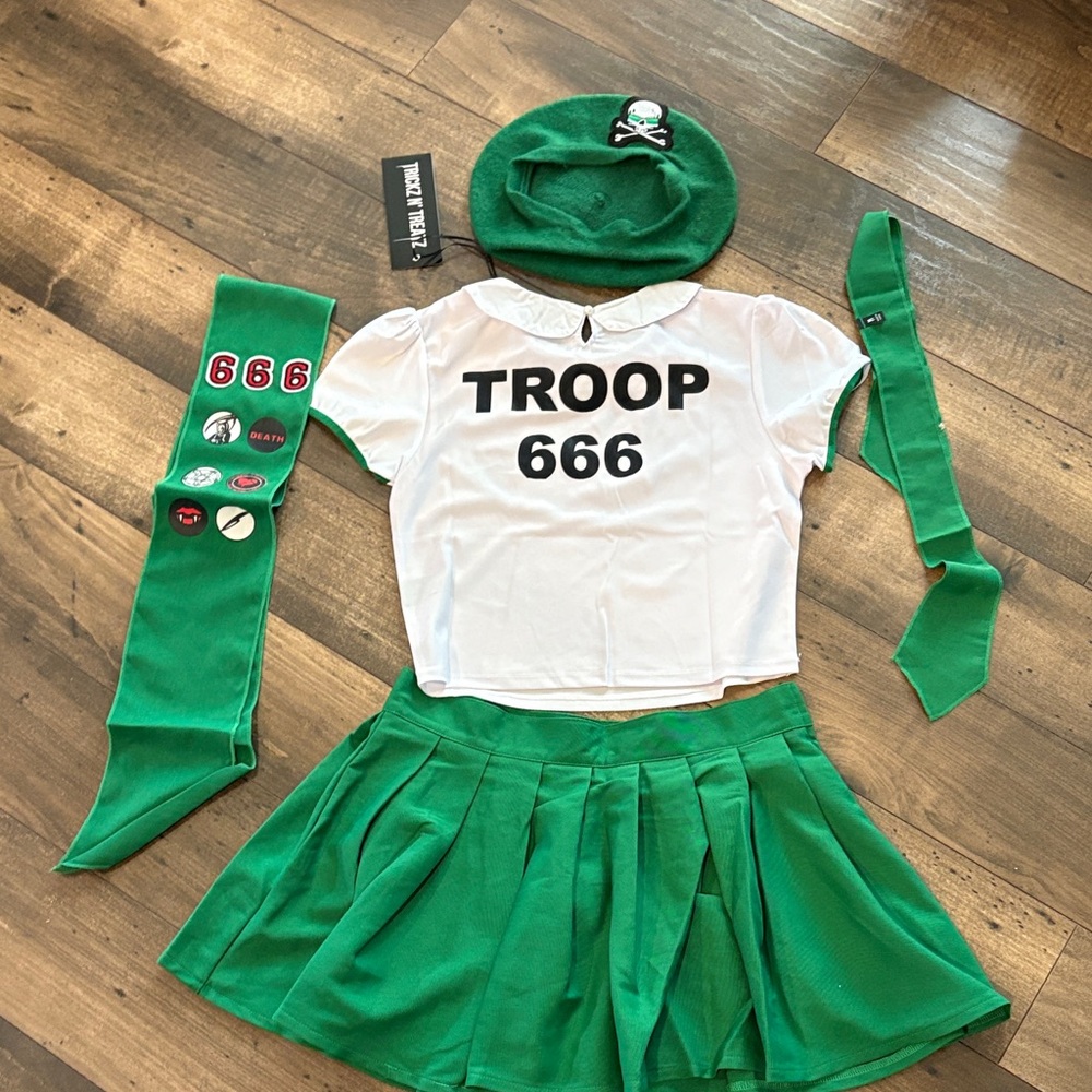 Dolls Kill Green Pleated Mini Skirt Set with White 'TROOP 666' Top
